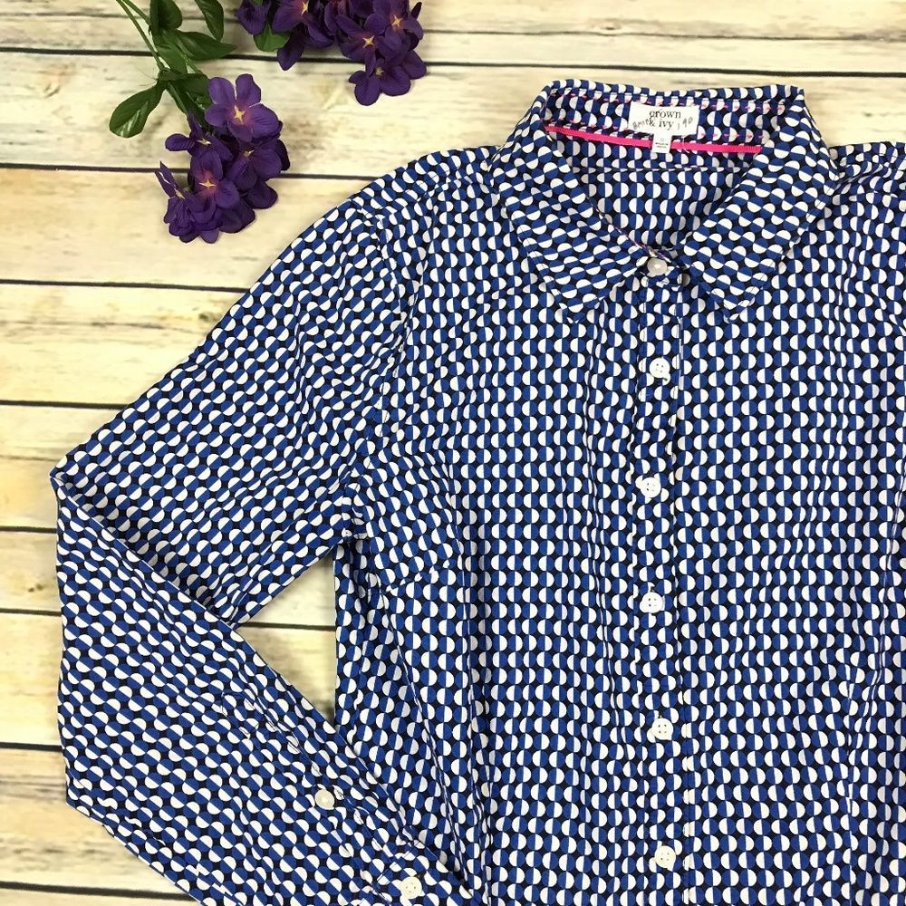 Crown & Ivy Button Down Circle Print Shirt Longsleeve Blue Geometric Work Office - Picture 2 of 4